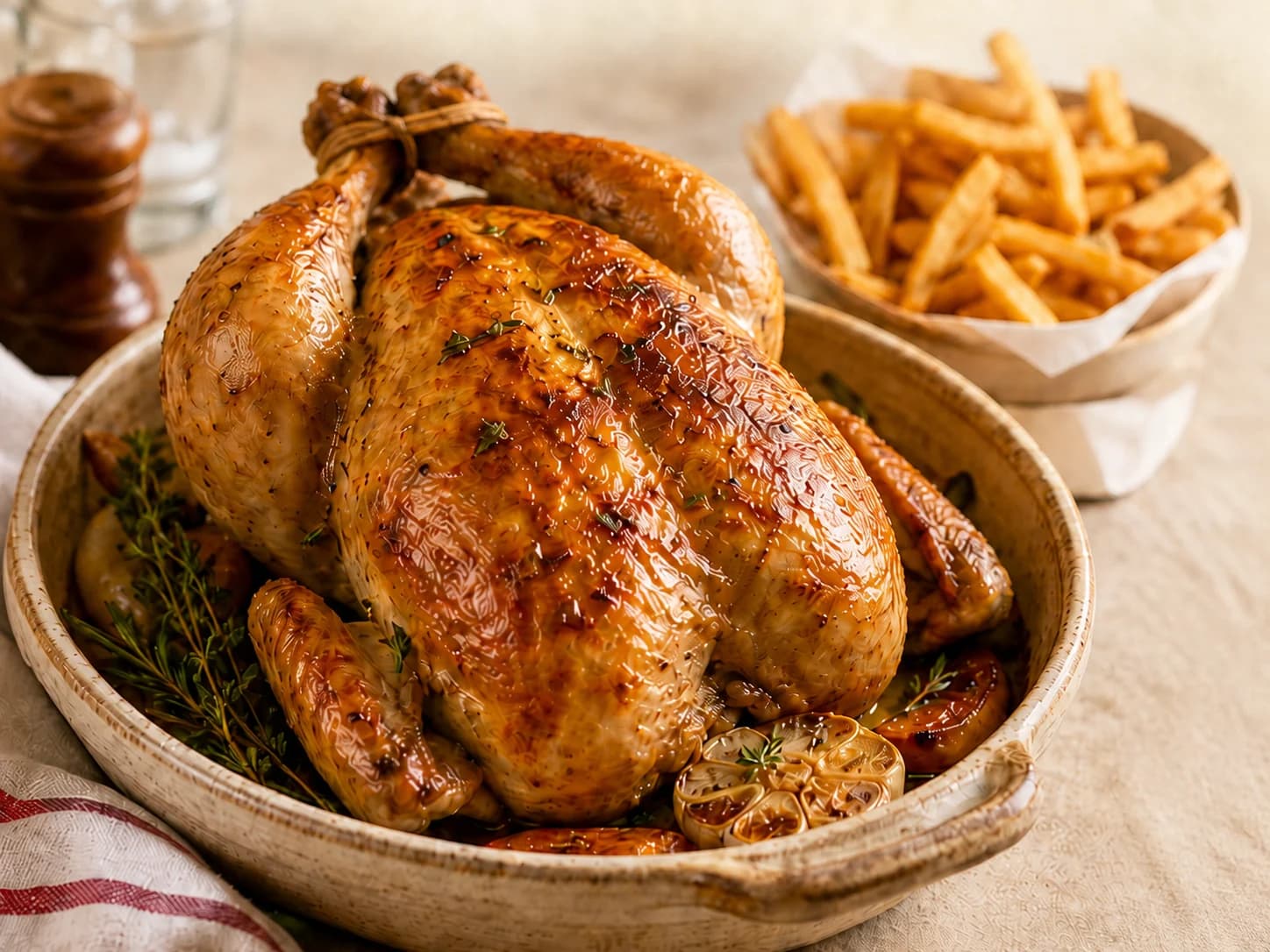 Poulet rôti doré accompagné de frites